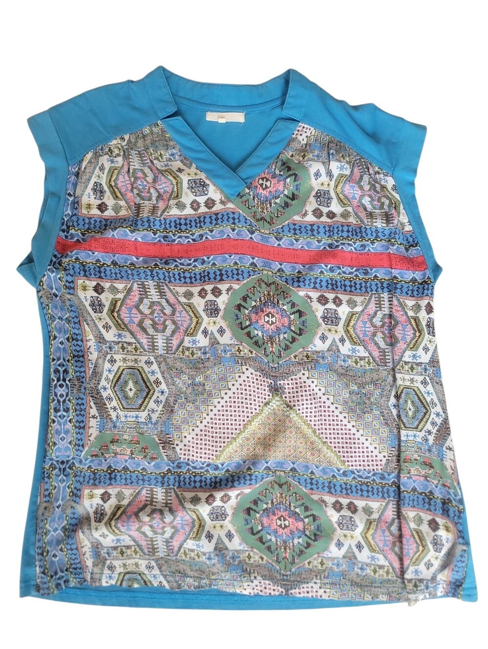 Tulle Womens Geometric Abstract Knit Mixed Media Blouse Blue Size XS Casual Boho